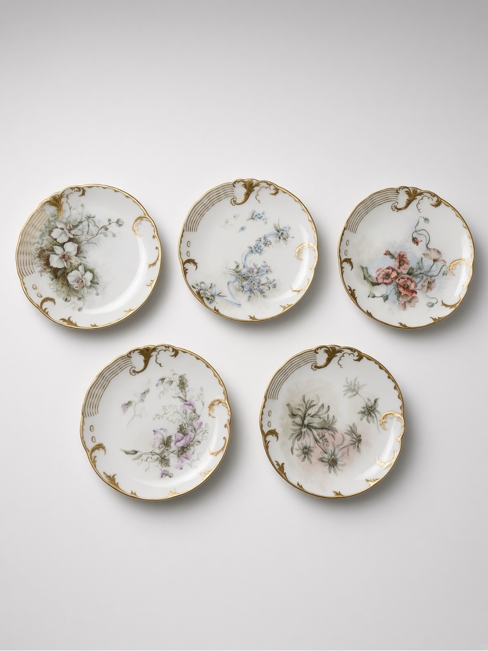 LIMOGES France Hand-Painted Floral Antique Plates with Gold Boarder | Set of 5